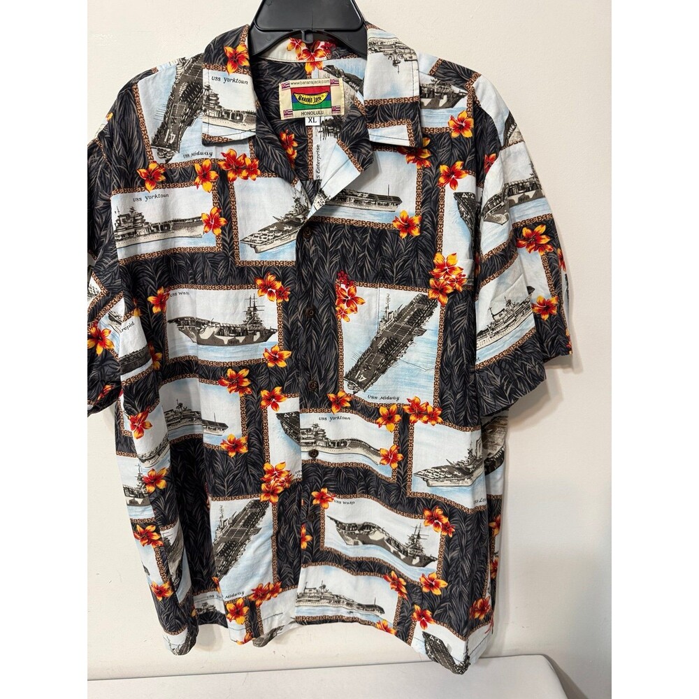 BANANA JACK HONOLULU WW2 NAVAL BATTLESHIPS PRINT BUTTON-DOWN SHIRT xl